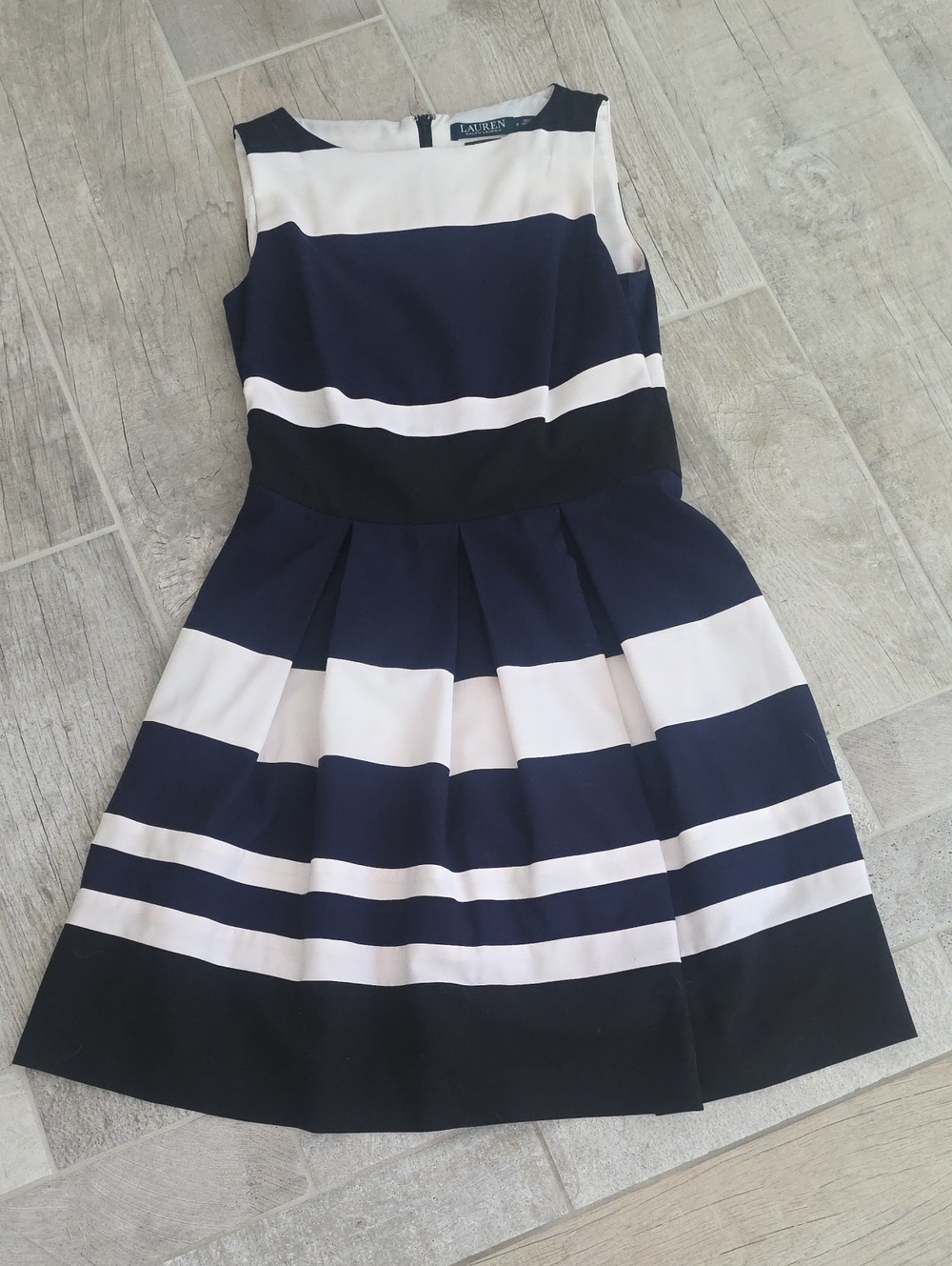Ralph Lauren Navy, White & Black Striped Sleeveless Fit-and-Flare Dress